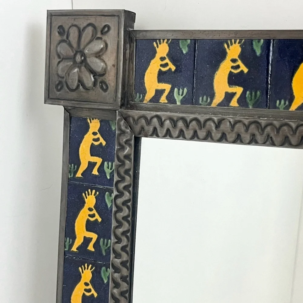 Vintage Ornate Natural Tin & Mexican Tile Mirror